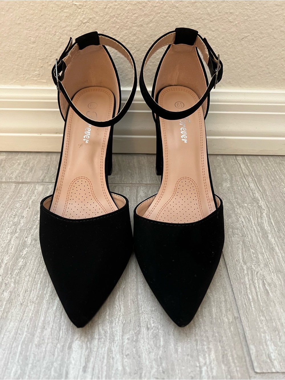 Forever Black Pointed Ankle-Strap Heels